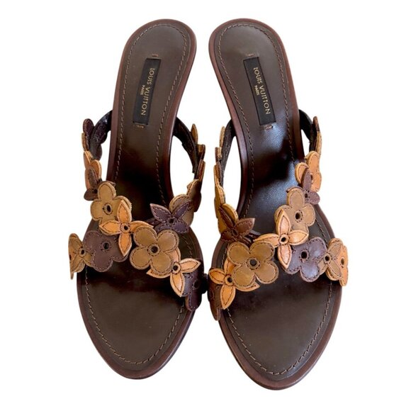 VINTAGE y2k Louis Vuitton Brown Flower Leather Strappy Sandals Heels US 6 - Picture 2 of 7